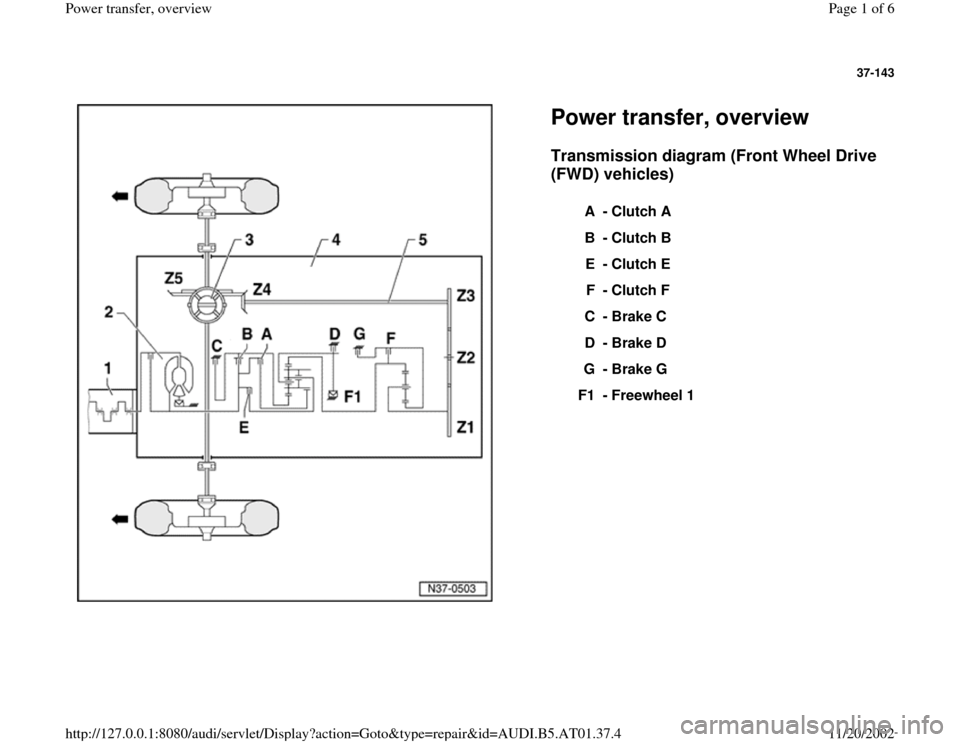 AUDI A6 2000 C5 / 2.G 01V Transmission Power Transfer Overview Workshop Manual 37-143
 
  
Power transfer, overview Transmission diagram (Front Wheel Drive 
(FWD) vehicles)
 
A - Clutch A
B - Clutch B
E - Clutch E
F - Clutch F
C - Brake C
D - Brake D
G - Brake G
F1 - Freewheel 1
