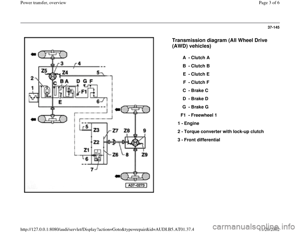AUDI A6 2001 C5 / 2.G 01V Transmission Power Transfer Overview Workshop Manual 37-145
 
  
Transmission diagram (All Wheel Drive 
(AWD) vehicles)
 
A - Clutch A
B - Clutch B
E - Clutch E
F - Clutch F
C - Brake C
D - Brake D
G - Brake G
F1 - Freewheel 1
1 - 
Engine 
2 - 
Torque c