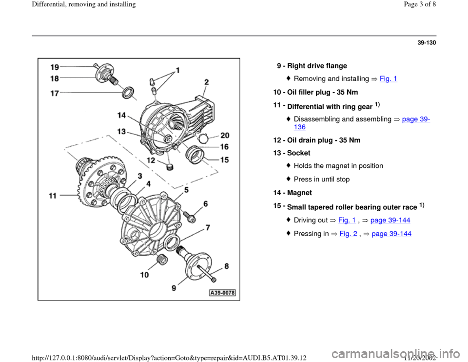 AUDI A4 1999 B5 / 1.G 01V Transmission Rear Differential Remove And Install Workshop Manual 39-130
 
  
9 - 
Right drive flange 
Removing and installing   Fig. 1
10 - 
Oil filler plug - 35 Nm 
11 - 
Differential with ring gear 
1) 
Disassembling and assembling   page 39
-
136
 
12 - 
Oil dra