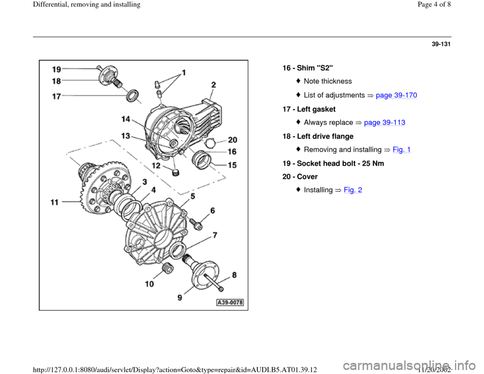 AUDI A4 1999 B5 / 1.G 01V Transmission Rear Differential Remove And Install Workshop Manual 39-131
 
  
16 - 
Shim "S2" 
Note thicknessList of adjustments   page 39
-170
17 - 
Left gasket 
Always replace   page 39
-113
18 - 
Left drive flange 
Removing and installing   Fig. 1
19 - 
Socket he