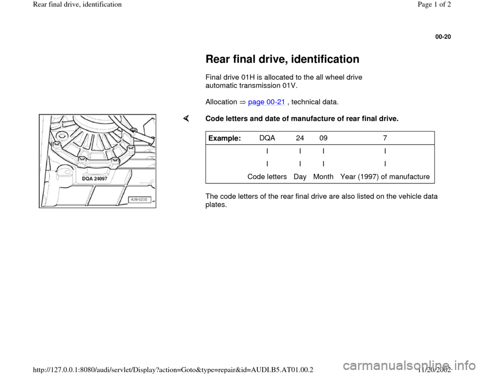 AUDI A8 1997 D2 / 1.G 01V Transmission Rear Final Drive ID Workshop Manual 