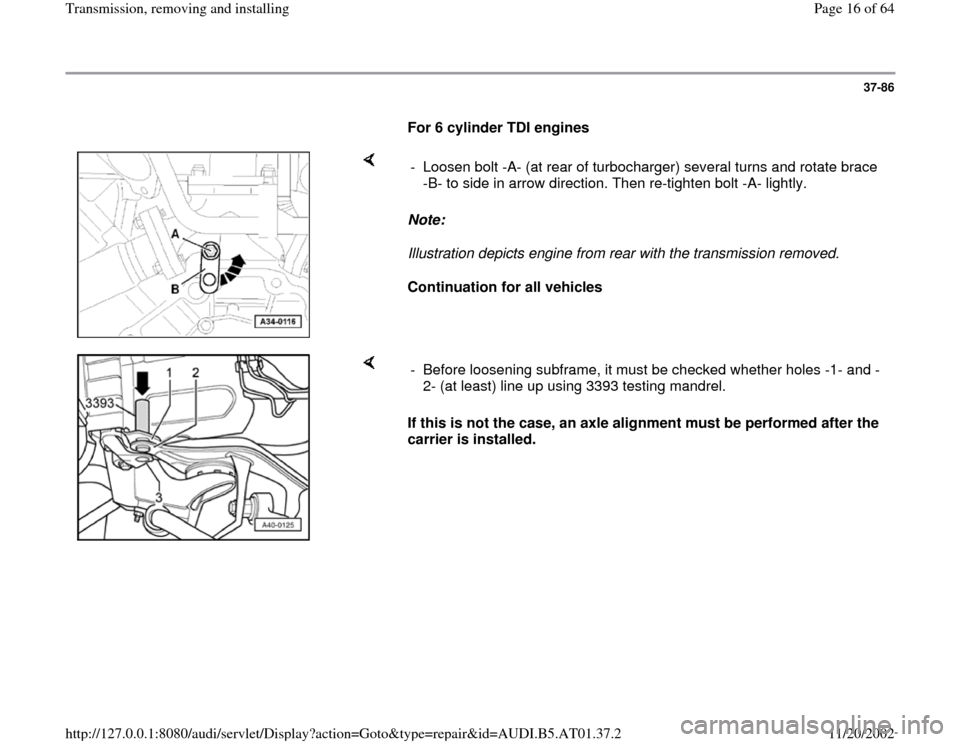 AUDI A4 1998 B5 / 1.G 01V Transmission Remove And Install Workshop Manual 37-86
      
For 6 cylinder TDI engines 
    
Note:  
Illustration depicts engine from rear with the transmission removed. 
Continuation for all vehicles  -  Loosen bolt -A- (at rear of turbocharger) 