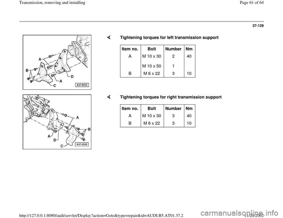 AUDI A8 1998 D2 / 1.G 01V Transmission Remove And Install Repair Manual 37-129
 
    
Tightening torques for left transmission support  Item no.  
Bolt  
Number  
Nm  
A   M 10 x 30  
M 10 x 50  2  
1  40  
B   M 6 x 22   3   10  
    
Tightening torques for right transmi