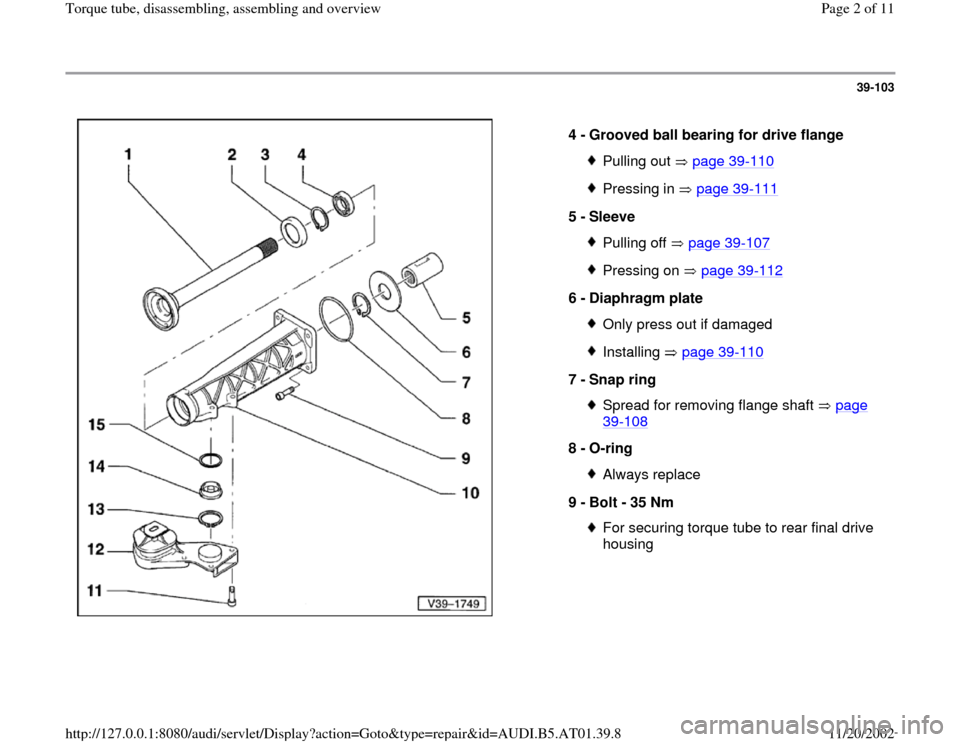 AUDI A4 2001 B5 / 1.G 01V Transmission Torque Tube Assembly Workshop Manual 39-103
 
  
4 - 
Grooved ball bearing for drive flange 
Pulling out   page 39
-110
Pressing in   page 39
-111
5 - 
Sleeve 
Pulling off   page 39
-107
Pressing on   page 39
-112
6 - 
Diaphragm plate 
O