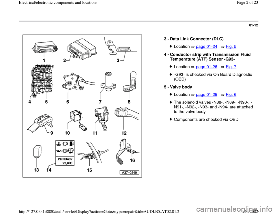 AUDI A4 2001 B5 / 1.G 01V Transmission Electrical And Electronic Components Workshop Manual 01-12
 
  
3 - 
Data Link Connector (DLC) 
Location  page 01
-24
 ,   Fig. 5
4 - 
Conductor strip with Transmission Fluid 
Temperature (ATF) Sensor -G93- 
Location  page 01
-26
 ,   Fig. 7
-G93- is ch