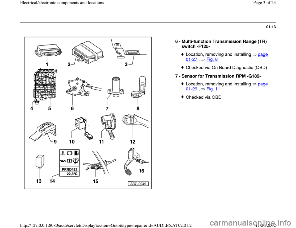 AUDI A4 2001 B5 / 1.G 01V Transmission Electrical And Electronic Components Workshop Manual 01-13
 
  
6 - 
Multi-function Transmission Range (TR) 
switch -F125- 
Location, removing and installing   page 01
-27
 ,   Fig. 8
 
Checked via On Board Diagnostic (OBD)
7 - 
Sensor for Transmission 