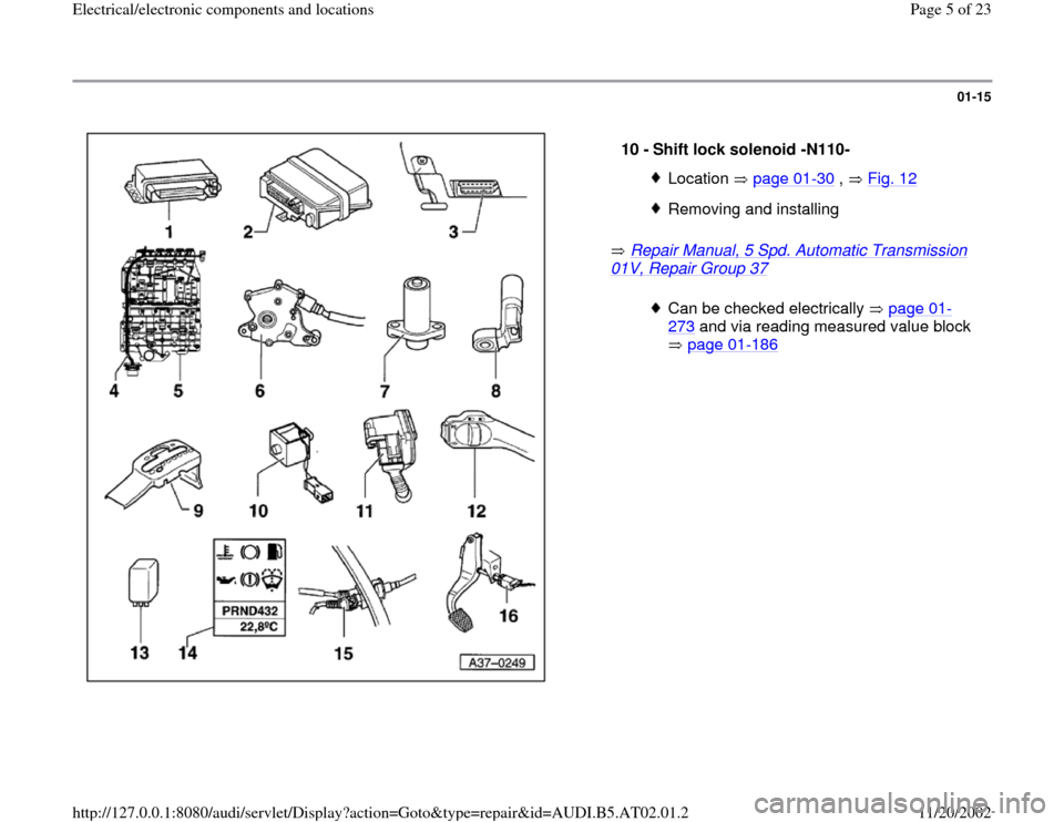 AUDI A8 2000 D2 / 1.G 01V Transmission Electrical And Electronic Components Workshop Manual 01-15
 
  
 Repair Manual, 5 Spd. Automatic Transmission 
01V, Repair Group 37
    10 - 
Shift lock solenoid -N110- 
Location  page 01
-30
 ,   Fig. 12
Removing and installingCan be checked electrical