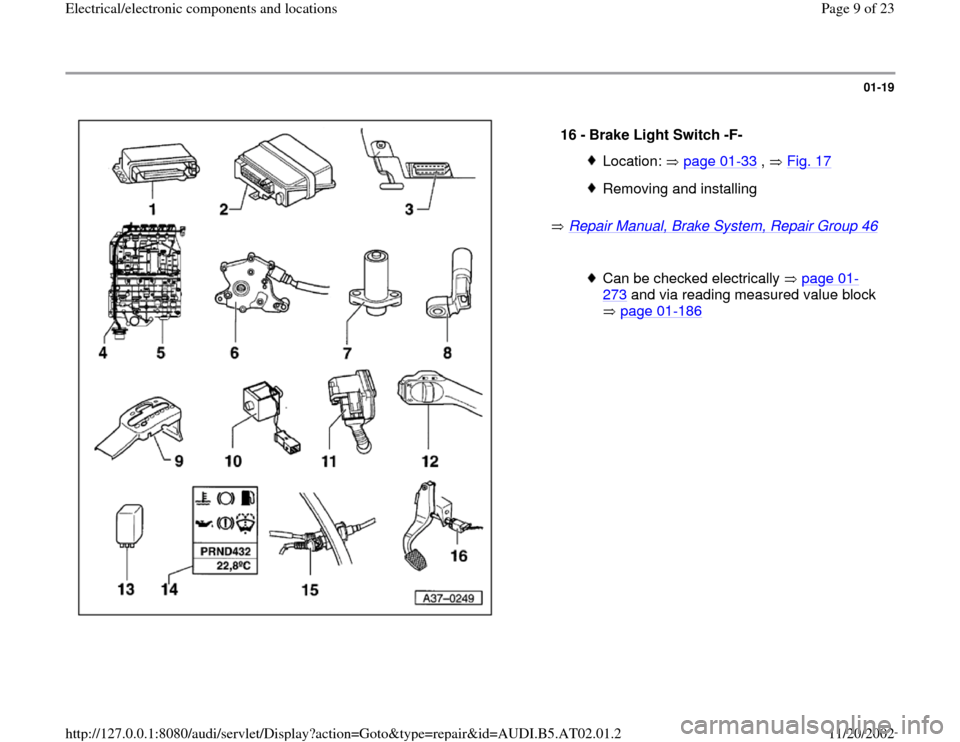 AUDI A8 2000 D2 / 1.G 01V Transmission Electrical And Electronic Components Workshop Manual 01-19
 
  
 Repair Manual, Brake System, Repair Group 46
 
  16 - 
Brake Light Switch -F- 
Location:  page 01
-33
 ,   Fig. 17
Removing and installingCan be checked electrically   page 01
-
273
 and v
