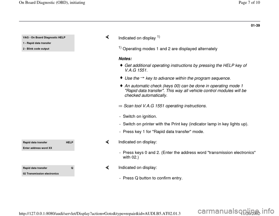 AUDI A6 2001 C5 / 2.G 01V Transmission OBD Workshop Manual 01-39
 
VAG - On Board Dia
gnostic HELP
1 - Rapid data transfer2 - Blink code output
    
Indicated on display 
1)  
1) Operating modes 1 and 2 are displayed alternately  
Notes: 
 Scan tool V.A.G 155