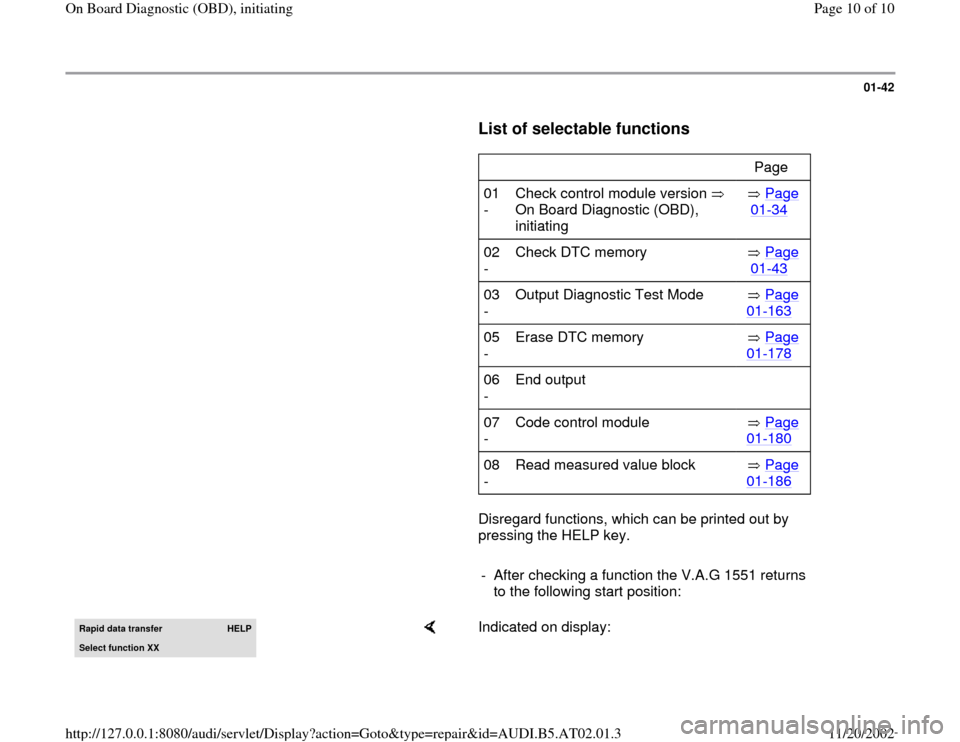 AUDI A8 1997 D2 / 1.G 01V Transmission OBD Workshop Manual 01-42
      
List of selectable functions
 
     
      Page  
01 
-  Check control module version   
On Board Diagnostic (OBD), 
initiating   
 Page 01
-34
   
02 
-  Check DTC memory    Page 
01
-43