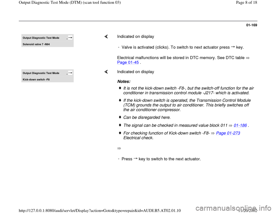 AUDI A8 2001 D2 / 1.G 01V Transmission Output DTM Workshop Manual 01-169
 
Output Diagnostic Test Mode 
- 
Solenoid valve 7 -N94
    
Indicated on display  
Electrical malfunctions will be stored in DTC memory. See DTC table   
Page 01
-45
 .   - 
Valve is activated