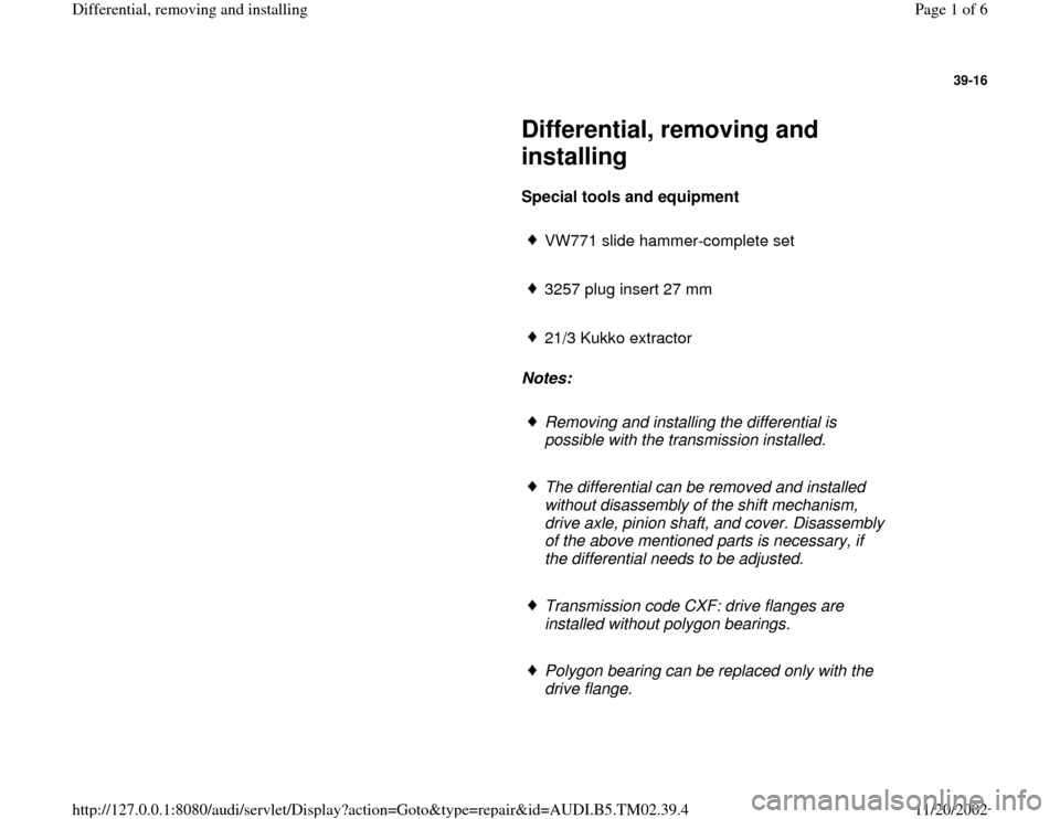 AUDI A4 1999 B5 / 1.G 01A Transmission Differential Remove And Install Workshop Manual 