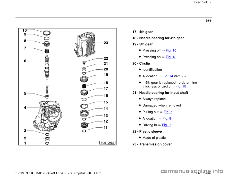 AUDI A4 1998 B5 / 1.G 01A Transmission Input Shaft Assembly Workshop Manual 35-5
 
  
17 - 
4th gear 
18 - 
Needle bearing for 4th gear 
19 - 
5th gear 
Pressing off   Fig. 10Pressing on   Fig. 18
20 - 
Circlip 
IdentificationAllocation  Fig. 14
 item -5-
If 5th gear is repla