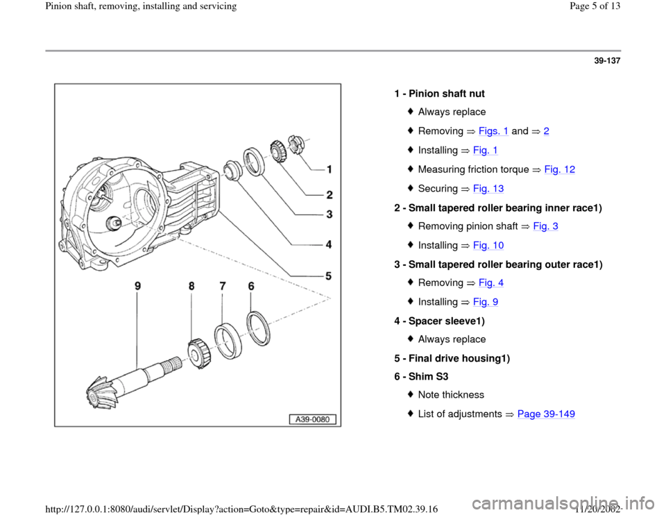 AUDI A4 1997 B5 / 1.G 01A Transmission Pinion Shaft Remove And Install Workshop Manual 39-137
 
  
1 - 
Pinion shaft nut 
Always replaceRemoving  Figs. 1
 and   2
Installing  Fig. 1Measuring friction torque   Fig. 12Securing  Fig. 13
2 - 
Small tapered roller bearing inner race1) 
Remov