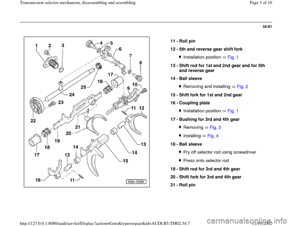 AUDI A4 1998 B5 / 1.G 01A Transmission Selector Mechanism Assembly Workshop Manual 34-81
 
  
11 - 
Roll pin 
12 - 
5th and reverse gear shift fork 
Installation position   Fig. 1 
13 - 
Shift rod for 1st and 2nd gear and for 5th 
and reverse gear 
14 - 
Ball sleeve 
Removing and in
