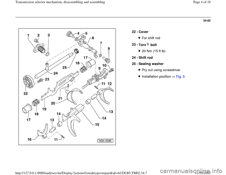 AUDI A4 1998 B5 / 1.G 01A Transmission Selector Mechanism Assembly Workshop Manual 34-82
 
  
22 - 
Cover 
For shift rod
23 - 
Torx  bolt 20 Nm (15 ft lb)
24 - 
Shift rod 
25 - 
Sealing washer Pry out using screwdriverInstallation position   Fig. 5
Pa
ge 4 of 10 Transmission selecto