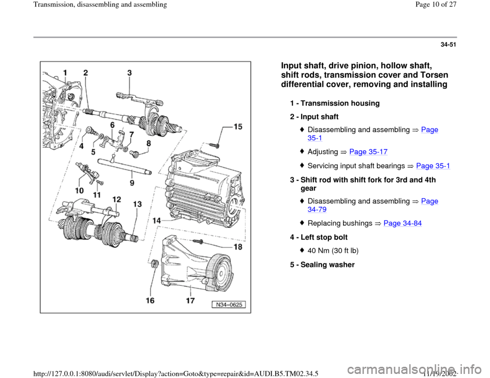 AUDI A4 2000 B5 / 1.G 01A Transmission Assembly Workshop Manual 34-51
 
  
Input shaft, drive pinion, hollow shaft, 
shift rods, transmission cover and Torsen 
differential cover, removing and installing
 
1 - 
Transmission housing 
2 - 
Input shaft 
Disassembling