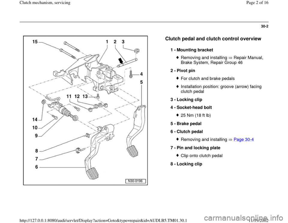 AUDI A4 1995 B5 / 1.G 01W Transmission Clutch Mechanism Servicing Workshop Manual 30-2
 
  
Clutch pedal and clutch control overview
 
1 - 
Mounting bracket 
Removing and installing   Repair Manual, 
Brake System, Repair Group 46 
2 - 
Pivot pin 
For clutch and brake pedalsInstalla