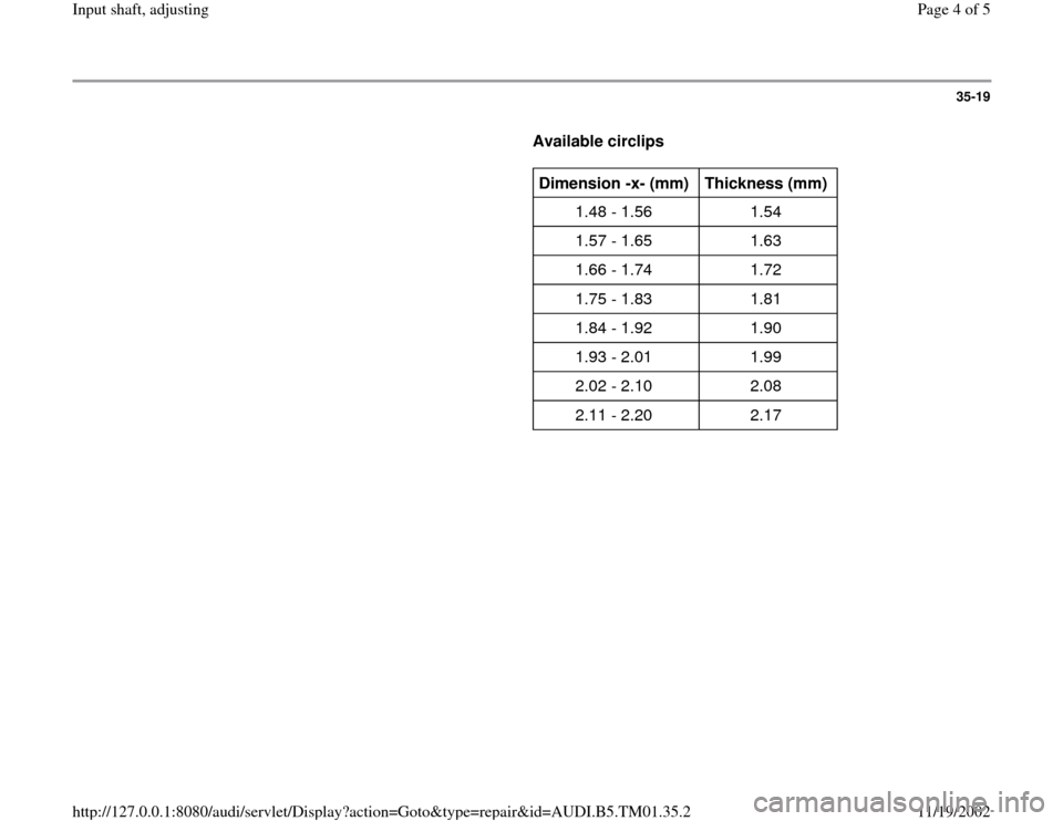 AUDI A4 2000 B5 / 1.G 01W Transmission Input Shaft Adjusting Workshop Manual 35-19
      
Available circlips  
     
Dimension -x- (mm)  
Thickness (mm)  
1.48 - 1.56   1.54  
1.57 - 1.65   1.63  
1.66 - 1.74   1.72  
1.75 - 1.83   1.81  
1.84 - 1.92   1.90  
1.93 - 2.01   1.9