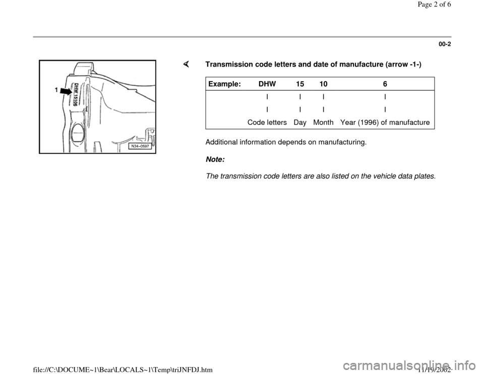 AUDI A4 1995 B5 / 1.G 01W Transmission ID Workshop Manual 00-2
 
    
Transmission code letters and date of manufacture (arrow -1-)  
Additional information depends on manufacturing.  
Note:  
The transmission code letters are also listed on the vehicle data