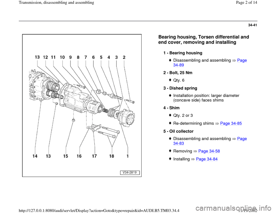 AUDI A6 1995 C5 / 2.G 01E Transmission Assembly Workshop Manual 34-41
 
  
Bearing housing, Torsen differential and 
end cover, removing and installing
 
1 - 
Bearing housing 
Disassembling and assembling   Page 34
-89
 
2 - 
Bolt, 25 Nm 
Qty. 6
3 - 
Dished spring