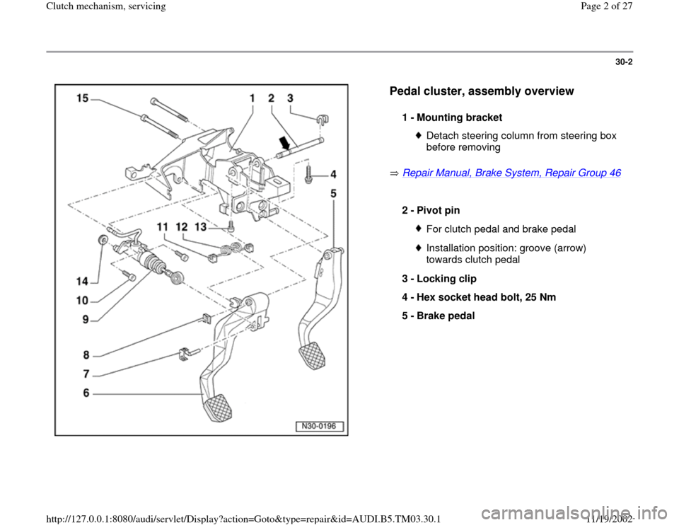 AUDI A6 1997 C5 / 2.G 01E Transmission Clutch Mechanism Service Workshop Manual 30-2
 
  
Pedal cluster, assembly overview
 
 Repair Manual, Brake System, Repair Group 46
 
  1 - 
Mounting bracket 
Detach steering column from steering box 
before removing 
2 - 
Pivot pin 
For clu