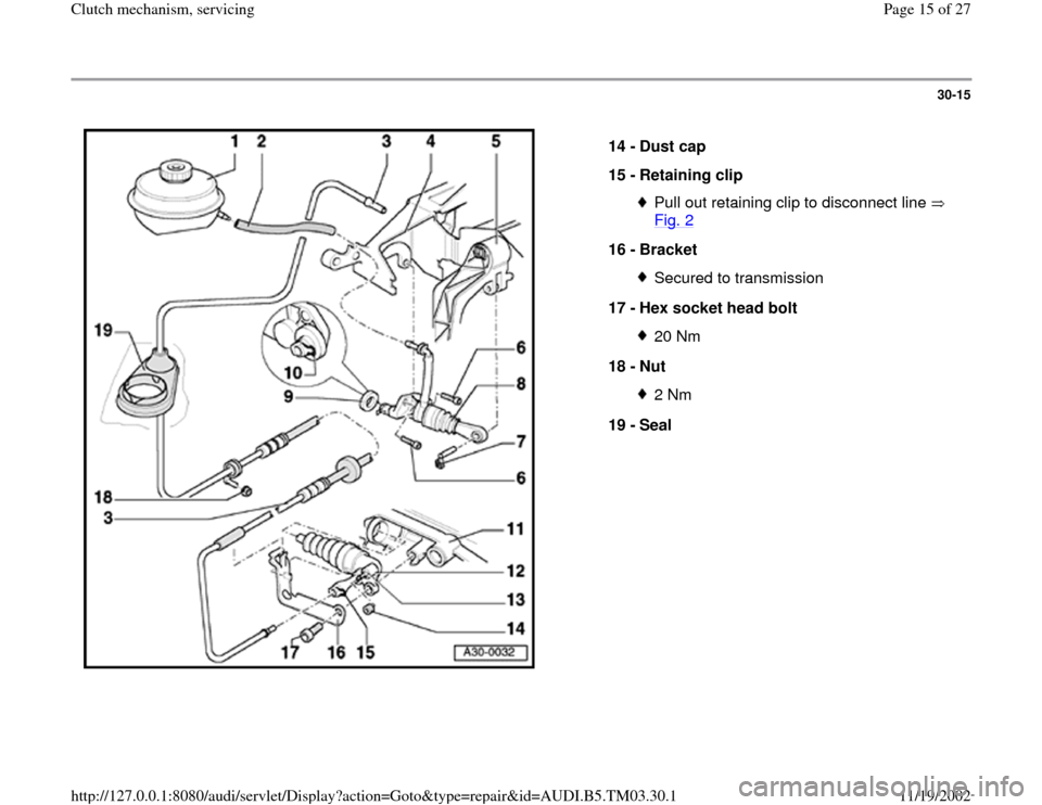 AUDI A6 1998 C5 / 2.G 01E Transmission Clutch Mechanism Service User Guide 30-15
 
  
14 - 
Dust cap 
15 - 
Retaining clip 
Pull out retaining clip to disconnect line   
Fig. 2
 
16 - 
Bracket 
Secured to transmission
17 - 
Hex socket head bolt 20 Nm
18 - 
Nut 2 Nm
19 - 
Sea