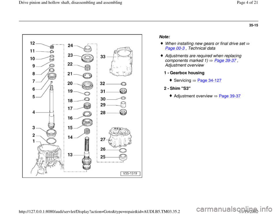 AUDI S4 1995 B5 / 1.G 01E Transmission Drive Pinion And Hollow Shaft Assembly Workshop Manual 35-15
 
  
Note: 
 
When installing new gears or final drive set   
Page 00
-3 , Technical data 
 Adjustments are required when replacing 
components marked 1)   Page 39
-37
 , 
Adjustment overview 
1