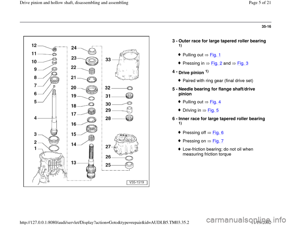 AUDI S4 1998 B5 / 1.G 01E Transmission Drive Pinion And Hollow Shaft Assembly Workshop Manual 35-16
 
  
3 - 
Outer race for large tapered roller bearing 
1) Pulling out   Fig. 1Pressing in   Fig. 2
 and   Fig. 3
4 - 
Drive pinion 
1) 
Paired with ring gear (final drive set)
5 - 
Needle bearin