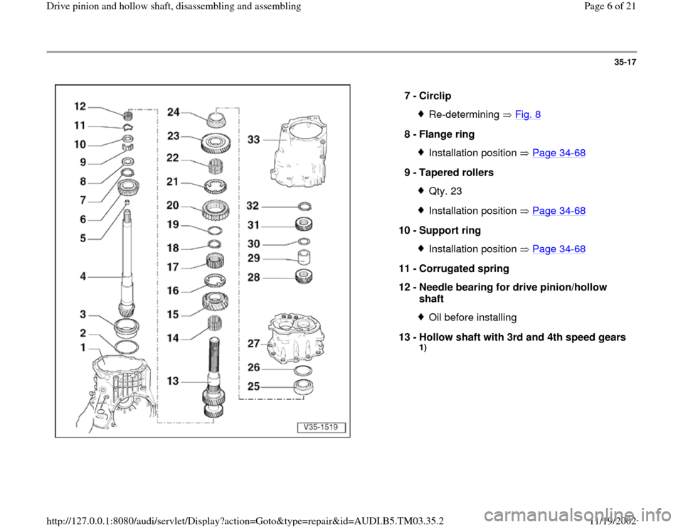 AUDI S4 1996 B5 / 1.G 01E Transmission Drive Pinion And Hollow Shaft Assembly Workshop Manual 35-17
 
  
7 - 
Circlip 
Re-determining  Fig. 8
8 - 
Flange ring 
Installation position   Page 34
-68
9 - 
Tapered rollers 
Qty. 23Installation position   Page 34
-68
10 - 
Support ring 
Installation 