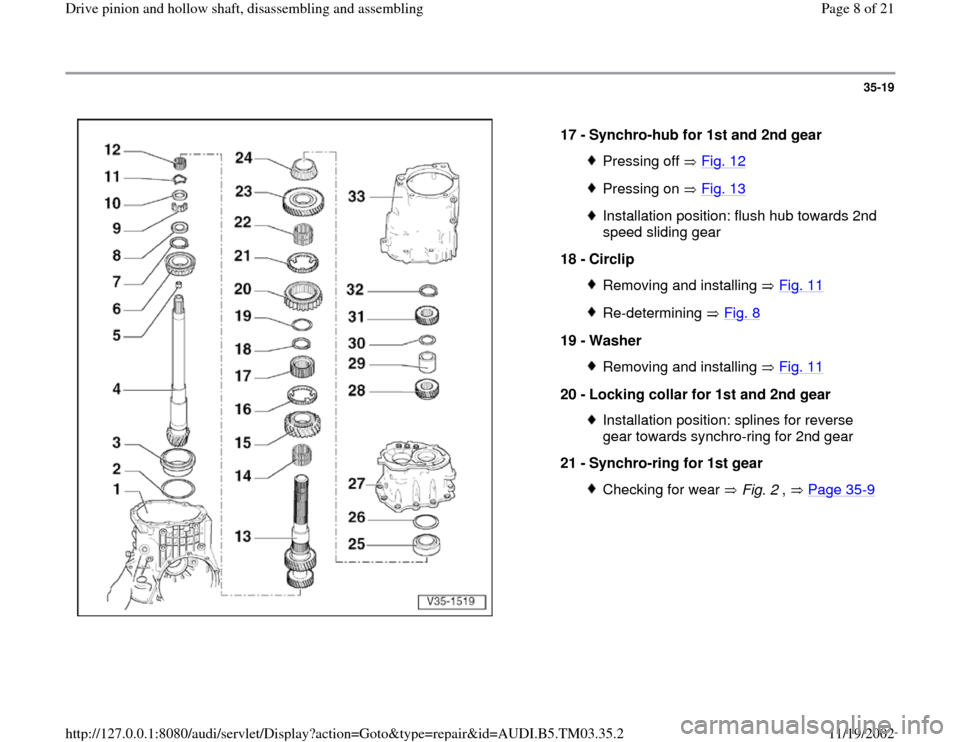 AUDI A6 1997 C5 / 2.G 01E Transmission Drive Pinion And Hollow Shaft Assembly Workshop Manual 35-19
 
  
17 - 
Synchro-hub for 1st and 2nd gear 
Pressing off   Fig. 12Pressing on   Fig. 13Installation position: flush hub towards 2nd 
speed sliding gear 
18 - 
Circlip Removing and installing   