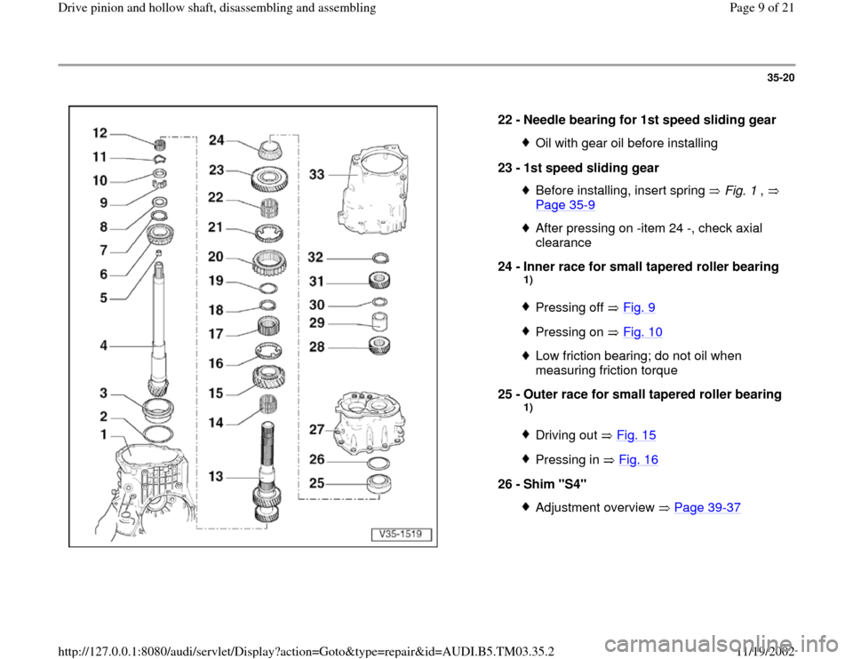 AUDI A6 1995 C5 / 2.G 01E Transmission Drive Pinion And Hollow Shaft Assembly Workshop Manual 35-20
 
  
22 - 
Needle bearing for 1st speed sliding gear 
Oil with gear oil before installing
23 - 
1st speed sliding gear Before installing, insert spring   Fig. 1 ,   
Page 35
-9 
After pressing o