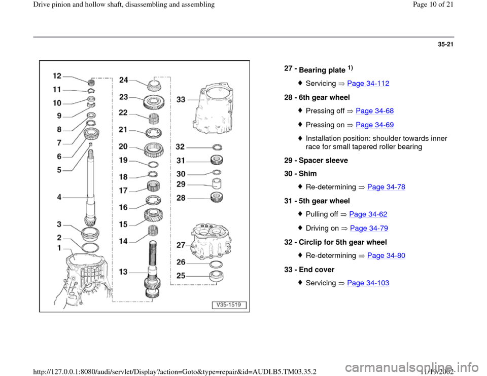 AUDI S4 1998 B5 / 1.G 01E Transmission Drive Pinion And Hollow Shaft Assembly Workshop Manual 35-21
 
  
27 - 
Bearing plate 
1) 
Servicing  Page 34
-112
28 - 
6th gear wheel 
Pressing off   Page 34
-68
Pressing on   Page 34
-69
Installation position: shoulder towards inner 
race for small tap