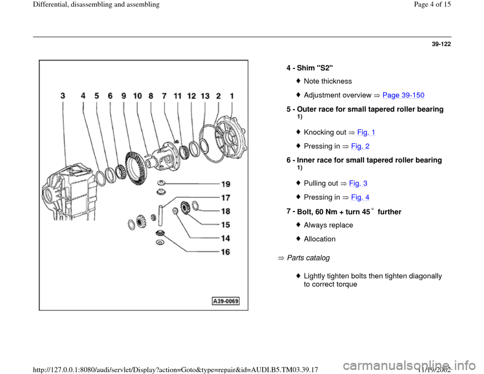AUDI S4 1995 B5 / 1.G 01E Transmission Final Drive Differential Assembly Workshop Manual 39-122
 
  
 Parts catalog    4 - 
Shim "S2" 
Note thicknessAdjustment overview   Page 39
-150
5 - 
Outer race for small tapered roller bearing 
1) Knocking out   Fig. 1Pressing in   Fig. 2
6 - 
Inner