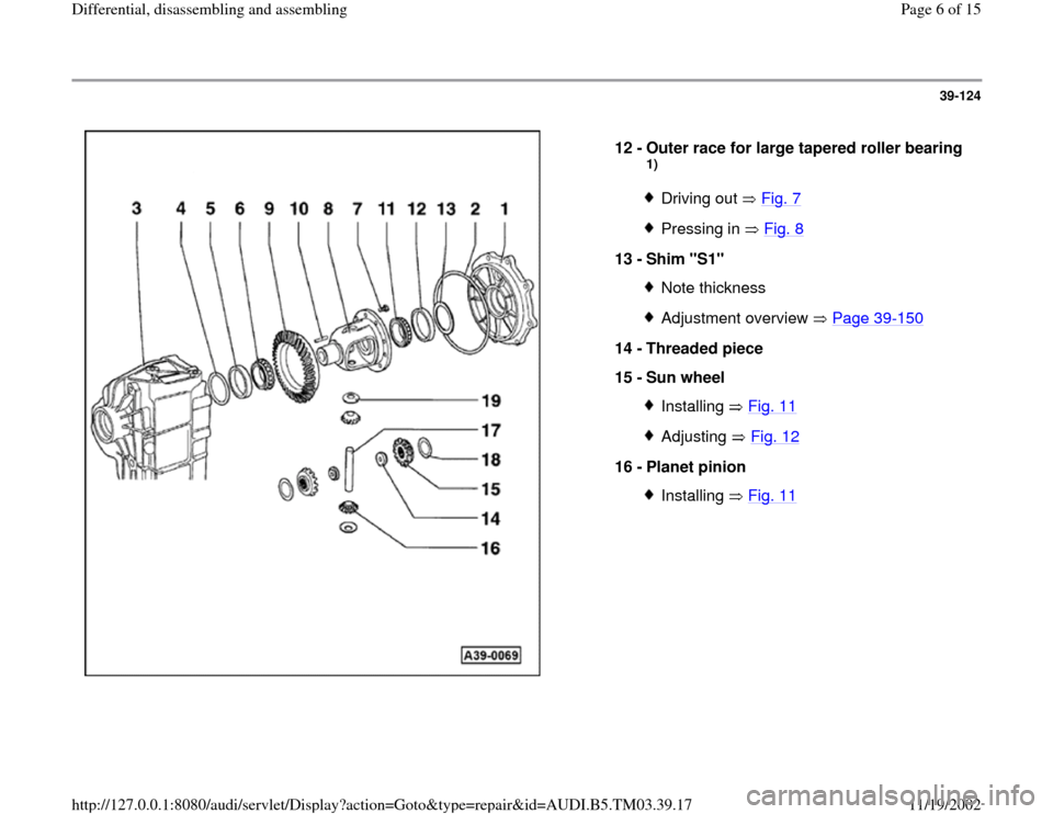 AUDI A6 2000 C5 / 2.G 01E Transmission Final Drive Differential Assembly Workshop Manual 39-124
 
  
12 - 
Outer race for large tapered roller bearing 
1) Driving out   Fig. 7Pressing in   Fig. 8
13 - 
Shim "S1" 
Note thicknessAdjustment overview   Page 39
-150
14 - 
Threaded piece 
15 - 