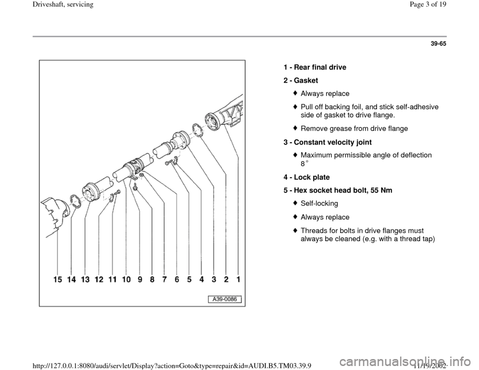 AUDI S4 1995 B5 / 1.G 01E Transmission Final Driveshaft Service Workshop Manual 39-65
 
  
1 - 
Rear final drive 
2 - 
Gasket 
Always replacePull off backing foil, and stick self-adhesive 
side of gasket to drive flange. Remove grease from drive flange
3 - 
Constant velocity join