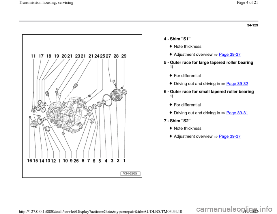AUDI S4 1996 B5 / 1.G 01E Transmission Housing Service Workshop Manual 34-129
 
  
4 - 
Shim "S1" 
Note thicknessAdjustment overview   Page 39
-37
5 - 
Outer race for large tapered roller bearing 
1) For differentialDriving out and driving in   Page 39
-32
6 - 
Outer rac