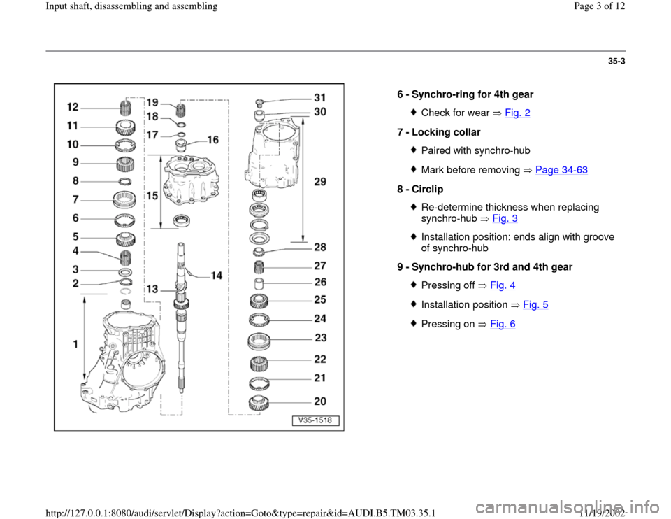 AUDI S4 1995 B5 / 1.G 01E Transmission Input Shaft Assembly Workshop Manual 35-3
 
  
6 - 
Synchro-ring for 4th gear 
Check for wear   Fig. 2
7 - 
Locking collar 
Paired with synchro-hubMark before removing   Page 34
-63
8 - 
Circlip 
Re-determine thickness when replacing 
sy