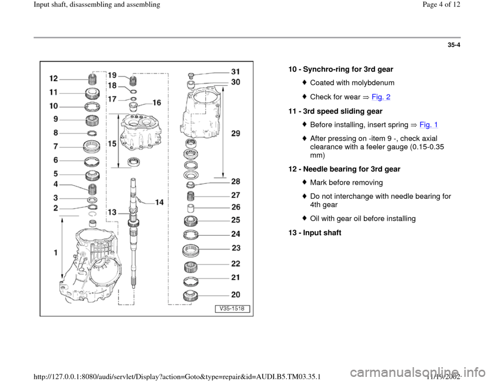 AUDI S4 1998 B5 / 1.G 01E Transmission Input Shaft Assembly Workshop Manual 35-4
 
  
10 - 
Synchro-ring for 3rd gear 
Coated with molybdenumCheck for wear   Fig. 2
11 - 
3rd speed sliding gear 
Before installing, insert spring   Fig. 1After pressing on -item 9 -, check axial