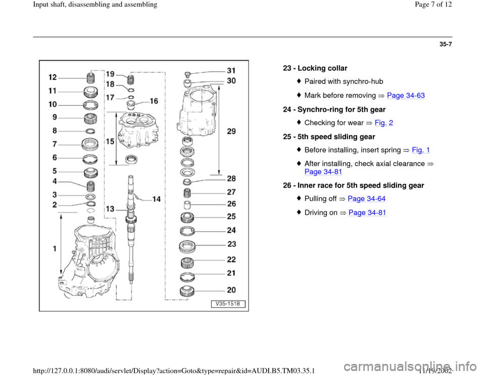 AUDI S4 1996 B5 / 1.G 01E Transmission Input Shaft Assembly Workshop Manual 35-7
 
  
23 - 
Locking collar 
Paired with synchro-hubMark before removing   Page 34
-63
24 - 
Synchro-ring for 5th gear 
Checking for wear   Fig. 2
25 - 
5th speed sliding gear 
Before installing, i