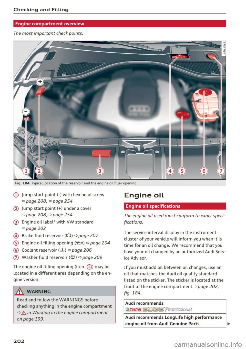 AUDI A7 2017  Owner´s Manual Checking  and  Filling 
Engine compartment  overview 
The most  important  check points. 
Fig.  184 Typical location  of the  rese rvoir and  the  engine  o il fil le r open ing 
(D Jump  start  po in