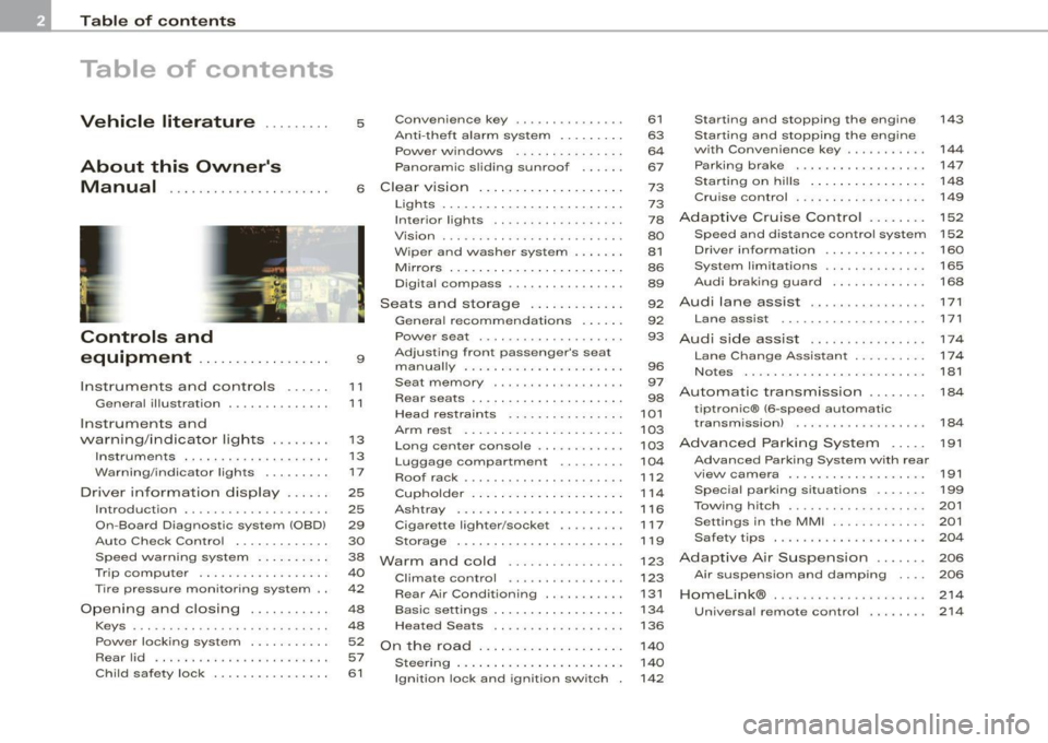 AUDI Q7 2009  Owner´s Manual Table  of  contents 
Table  of  contents 
Vehicle  literature ... ..... . 
About  this  Owners  Manual  .............. ...... . . 
Controls  and 
equipment  .. .. .... ..... ... . . 
Inst rumen ts  a