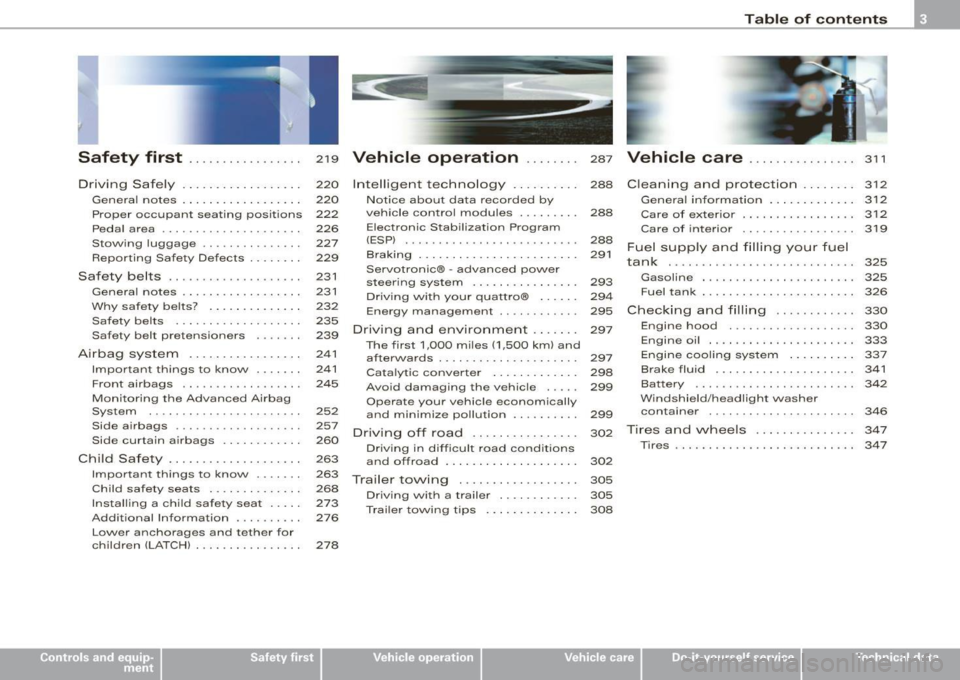 AUDI Q7 2009  Owner´s Manual Safety  first ........ ... ... .. . 
Driving  Safely  ........... ......  . 
Genera l notes  . .... ....... ... ..  . 
Proper  occ upant  sea ting  positions 
Peda l area  ... .................  . 
St