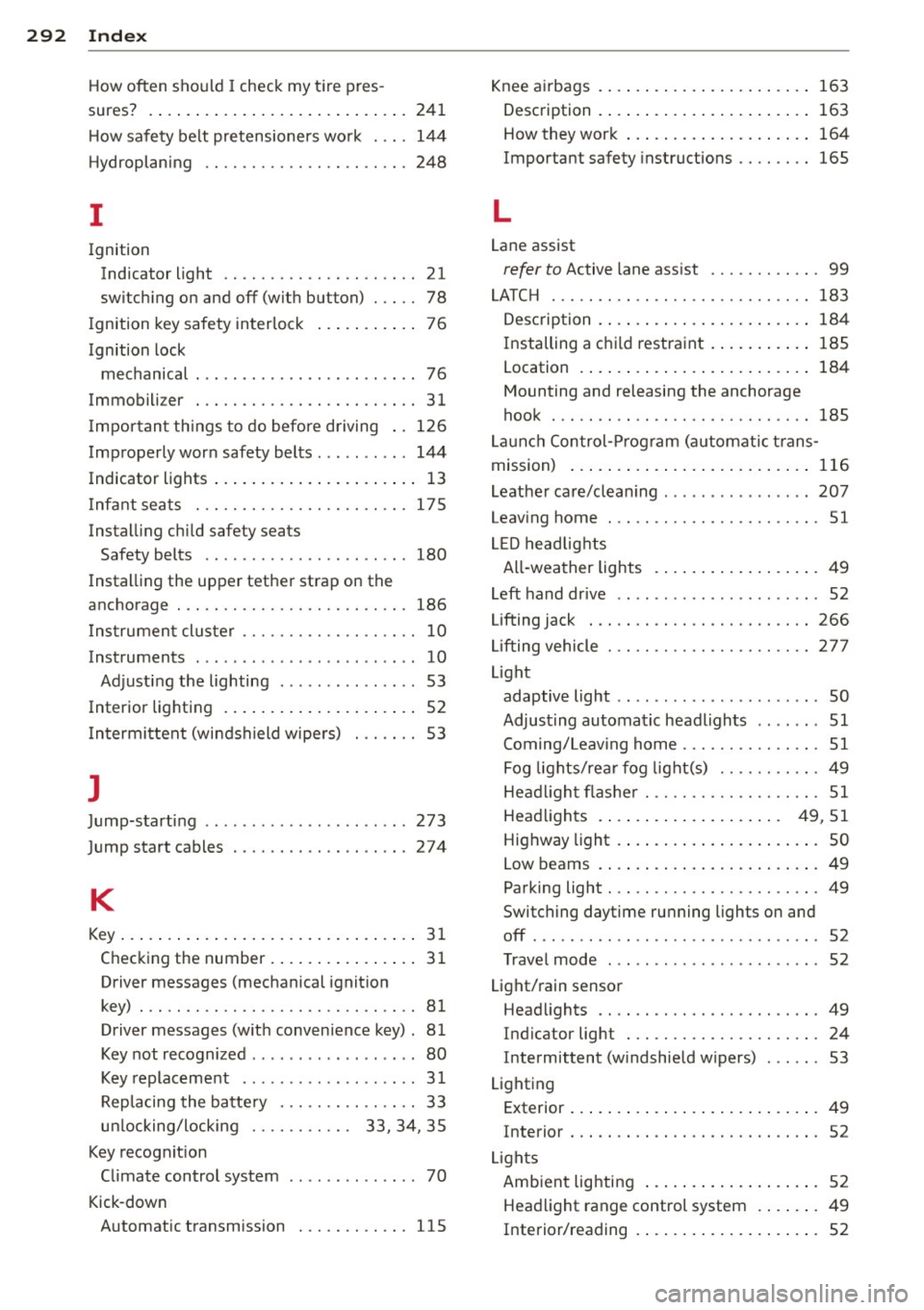 AUDI A3 CABRIOLET 2015  Owners Manual 292  Index 
How often  should I check my tire  pres -
sures?  . ..... ... ............. ..... . 
241 
How safety  belt  pretensioners  work  ... . 144 
Hydroplaning  ................. .... . 248 
I 
I