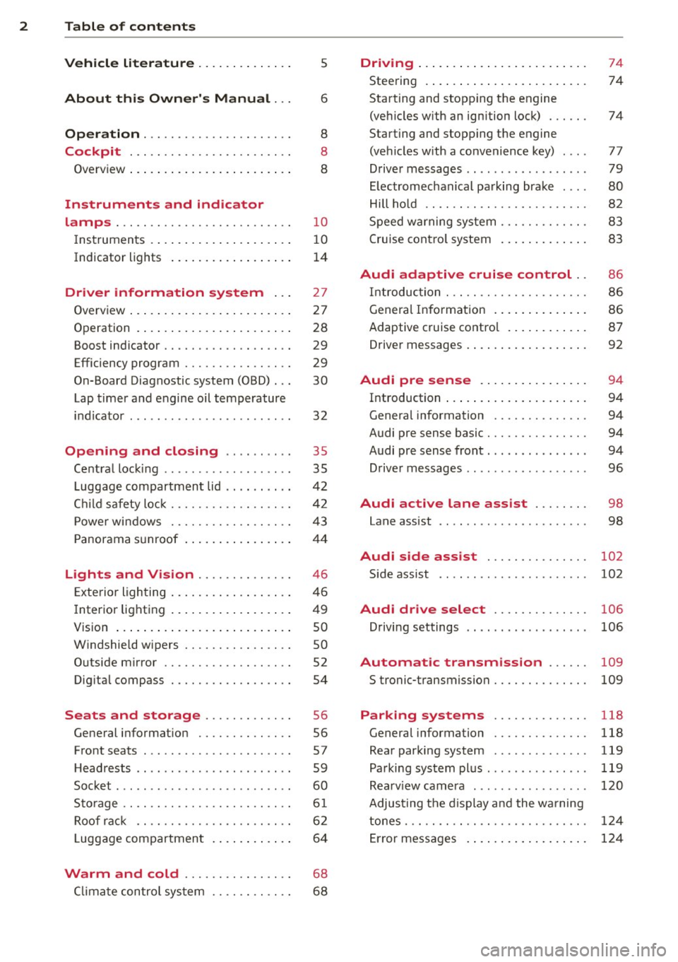 AUDI S3 2015  Owners Manual 2  Table  of  contents Vehicle  literature  .. .. .. .. .. ... . 
About  this  Owners  Manual  ... 
Operation  .............. .... ...  . 
Cockpit  ... ............. .... .. . . 
Ove rv iew  ... ... 