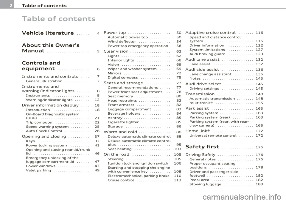 AUDI A5 CABRIOLET 2010  Owners Manual Table  of  contents 
Table  of  contents 
Vehicle  literature .....  . 
About  this  Owners  Manual  .......... .........  . 
Controls  and 
equipment  ..............  . 
Instruments  an d contr ols 