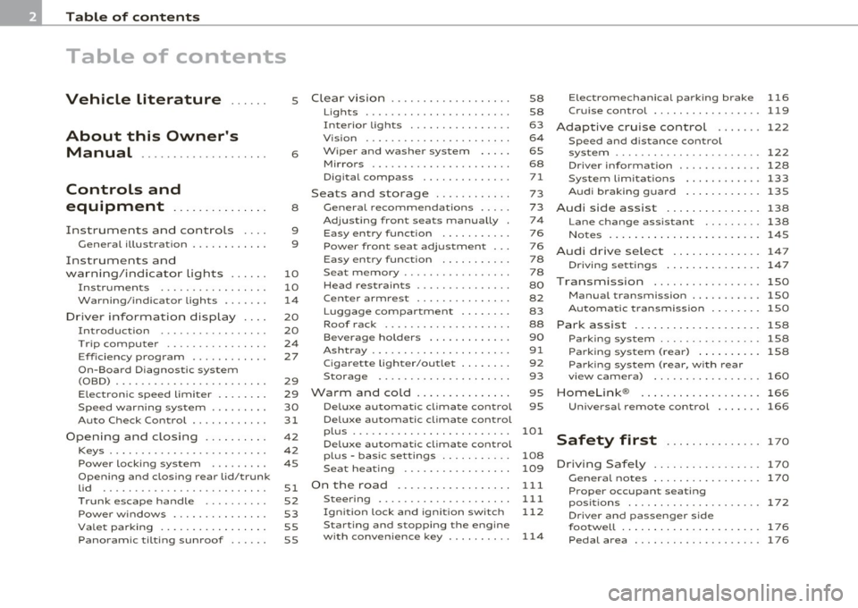 AUDI A5 COUPE 2011  Owners Manual Table  of  contents 
Table  of  contents 
Vehicle  literature .....  . 
About  this  Owners  Manual  ............. ......  . 
Controls  and 
equipment  ..............  . 
Instruments  and  controls  