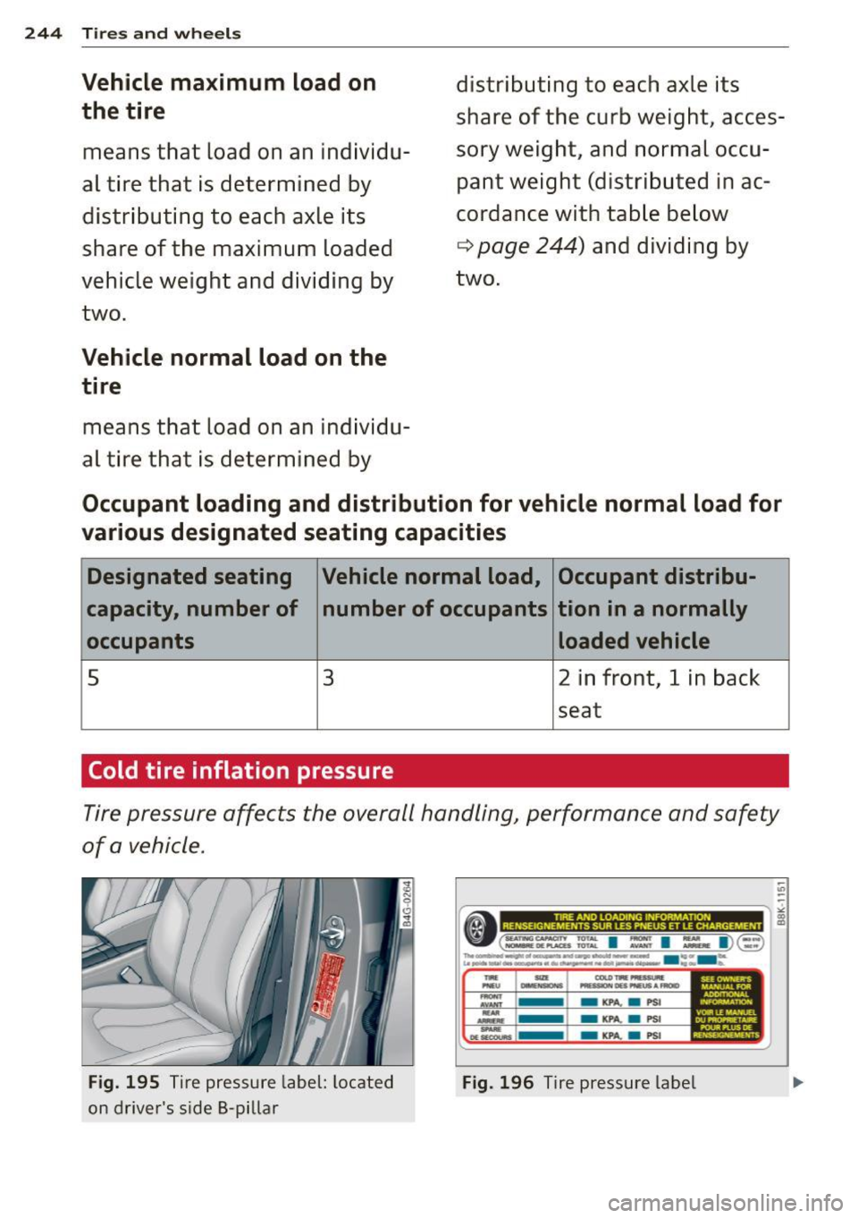 AUDI S6 2015  Owners Manual 24 4  Tires  a nd  whee ls 
Vehicle  ma ximum  load  on 
the  tire 
means  that  load  on an  individu­
al  tire  that  is determ ined  by 
distr ibuting  to  each axle  its 
share of  the  maximum  