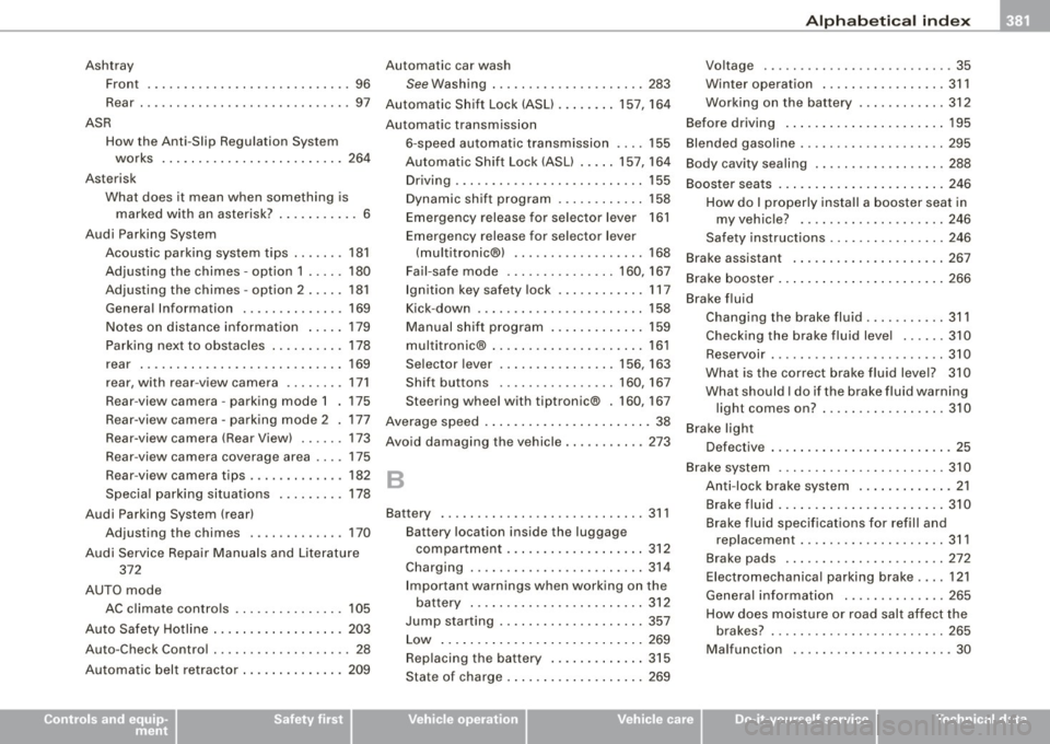 AUDI S6 2009  Owners Manual Alphab eti ca l  ind ex 111111 
-------------------------------------=--------
Ashtray 
Fron t  . ..... ... .. .... .... ..... .. ..  96 
Rear  . ...... .. ..... ... ... .... ... ..  97 
ASR  How  th 