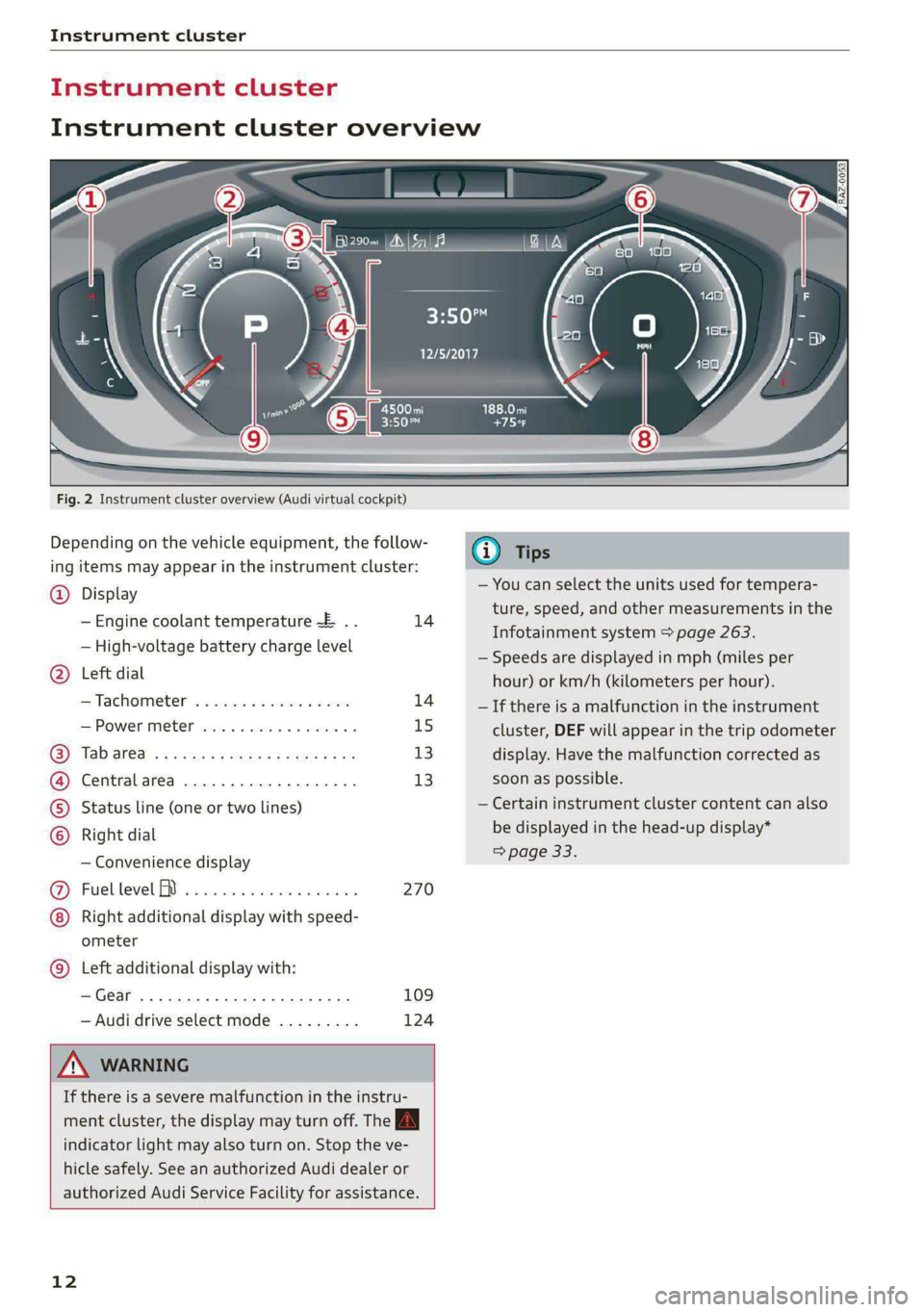 AUDI A8 2021  Owners Manual Instrument cluster 
  
Instrument cluster 
Instrument cluster overview 
cH) Olas 
12/5/2017 
  
  
Fig. 2 Instrument cluster overview (Audi virtual cockpit) 
Depending on the vehicle equipment, the fo